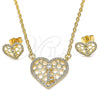 Oro Laminado Earring and Pendant Adult Set, Gold Filled Style Heart and key Design, with White Cubic Zirconia and White Micro Pave, Polished, Golden Finish, 10.316.0046