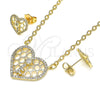 Oro Laminado Earring and Pendant Adult Set, Gold Filled Style Heart and key Design, with White Cubic Zirconia and White Micro Pave, Polished, Golden Finish, 10.316.0046
