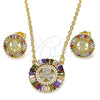 Oro Laminado Earring and Pendant Adult Set, Gold Filled Style Little Boy and Baguette Design, with Multicolor Cubic Zirconia and White Micro Pave, Polished, Golden Finish, 10.316.0048