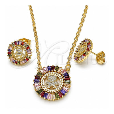 Oro Laminado Earring and Pendant Adult Set, Gold Filled Style Little Boy and Baguette Design, with Multicolor Cubic Zirconia and White Micro Pave, Polished, Golden Finish, 10.316.0048