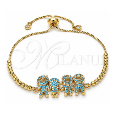 Oro Laminado Adjustable Bolo Bracelet, Gold Filled Style Little Boy and Little Girl Design, with Turquoise Micro Pave, Polished, Golden Finish, 03.316.0042.11 (01 MM Thickness, 11 Inches Length)