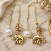 Oro Laminado Threader Earring, Gold Filled Style Elephant Design, with White Cubic Zirconia and Ivory Pearl, Polished, Golden Finish, 02.63.2689