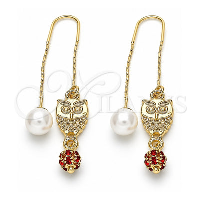 Oro Laminado Threader Earring, Gold Filled Style Owl Design, with Garnet Crystal, Polished, Golden Finish, 02.63.2692