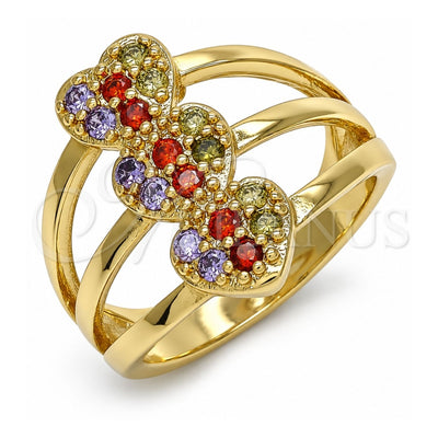 Oro Laminado Multi Stone Ring, Gold Filled Style Heart Design, with Multicolor Cubic Zirconia, Polished, Golden Finish, 01.210.0079.1.08 (Size 8)