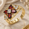 Oro Laminado Multi Stone Ring, Gold Filled Style Flower Design, with Garnet and White Cubic Zirconia, Polished, Golden Finish, 01.210.0081 (One size fits all)