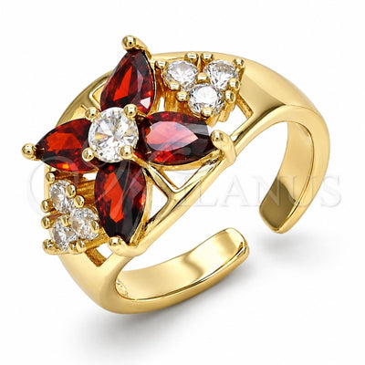 Oro Laminado Multi Stone Ring, Gold Filled Style Flower Design, with Garnet and White Cubic Zirconia, Polished, Golden Finish, 01.210.0081 (One size fits all)