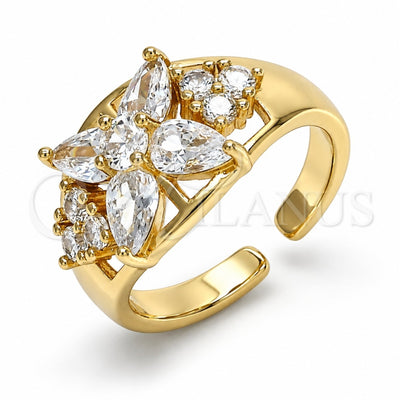 Oro Laminado Multi Stone Ring, Gold Filled Style Flower Design, with White Cubic Zirconia, Polished, Golden Finish, 01.210.0081.1 (One size fits all)