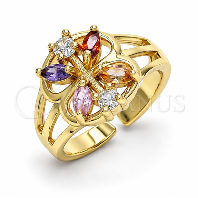 Oro Laminado Multi Stone Ring, Gold Filled Style Flower Design, with Multicolor Cubic Zirconia, Polished, Golden Finish, 01.210.0084 (One size fits all)