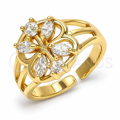 Oro Laminado Multi Stone Ring, Gold Filled Style Flower Design, with White Cubic Zirconia, Polished, Golden Finish, 01.210.0084.1 (One size fits all)