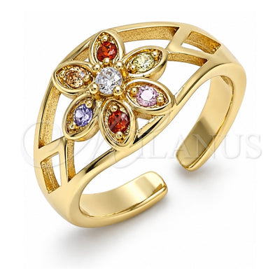 Oro Laminado Multi Stone Ring, Gold Filled Style Flower Design, with Multicolor Cubic Zirconia, Polished, Golden Finish, 01.210.0085 (One size fits all)