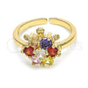 Oro Laminado Multi Stone Ring, Gold Filled Style Flower and Turtle Design, with Multicolor Cubic Zirconia, Polished, Golden Finish, 01.210.0087.1 (One size fits all)