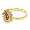 Oro Laminado Multi Stone Ring, Gold Filled Style Flower and Turtle Design, with Multicolor Cubic Zirconia, Polished, Golden Finish, 01.210.0087.1 (One size fits all)