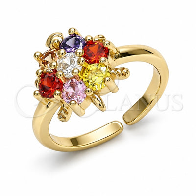 Oro Laminado Multi Stone Ring, Gold Filled Style Flower and Turtle Design, with Multicolor Cubic Zirconia, Polished, Golden Finish, 01.210.0087.1 (One size fits all)
