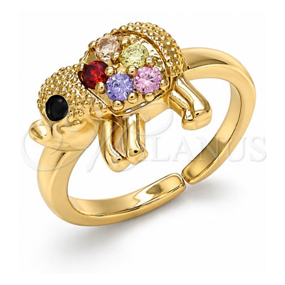 Oro Laminado Multi Stone Ring, Gold Filled Style Elephant Design, with Multicolor and Black Cubic Zirconia, Polished, Golden Finish, 01.210.0088.1 (One size fits all)