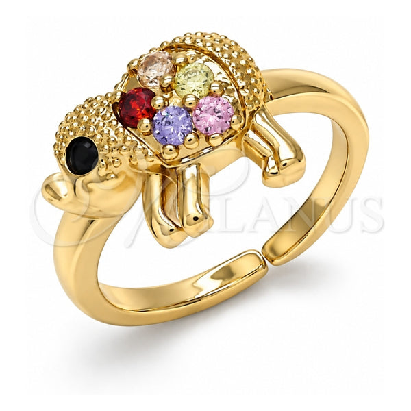 Oro Laminado Multi Stone Ring, Gold Filled Style Elephant Design, with Multicolor and Black Cubic Zirconia, Polished, Golden Finish, 01.210.0088.1 (One size fits all)