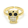 Oro Laminado Multi Stone Ring, Gold Filled Style Owl Design, with White and Black Cubic Zirconia, Polished, Golden Finish, 01.210.0089 (One size fits all)