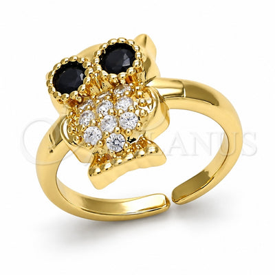 Oro Laminado Multi Stone Ring, Gold Filled Style Owl Design, with White and Black Cubic Zirconia, Polished, Golden Finish, 01.210.0089 (One size fits all)