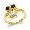 Oro Laminado Multi Stone Ring, Gold Filled Style Owl Design, with White and Black Cubic Zirconia, Polished, Golden Finish, 01.210.0089 (One size fits all)