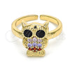 Oro Laminado Multi Stone Ring, Gold Filled Style Owl Design, with Multicolor and Black Cubic Zirconia, Polished, Golden Finish, 01.210.0089.1 (One size fits all)