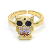 Oro Laminado Multi Stone Ring, Gold Filled Style Owl Design, with Multicolor and Black Cubic Zirconia, Polished, Golden Finish, 01.210.0089.1 (One size fits all)