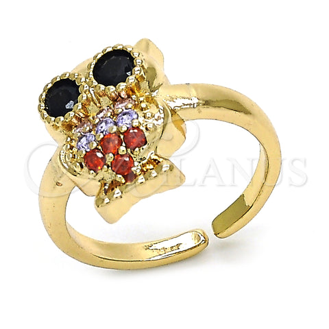 Oro Laminado Multi Stone Ring, Gold Filled Style Owl Design, with Multicolor and Black Cubic Zirconia, Polished, Golden Finish, 01.210.0089.1 (One size fits all)