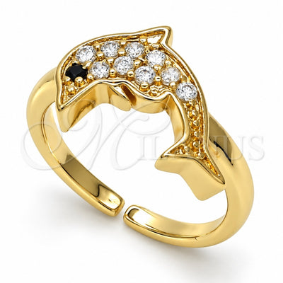 Oro Laminado Multi Stone Ring, Gold Filled Style Dolphin Design, with White and Black Cubic Zirconia, Polished, Golden Finish, 01.210.0090 (One size fits all)