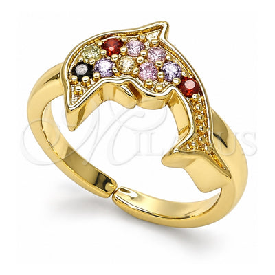 Oro Laminado Multi Stone Ring, Gold Filled Style Dolphin Design, with Multicolor and Black Cubic Zirconia, Polished, Golden Finish, 01.210.0090.1 (One size fits all)