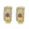 Oro Laminado Huggie Hoop, Gold Filled Style Flower Design, with Garnet and White Micro Pave, Polished, Golden Finish, 02.266.0025.2.20