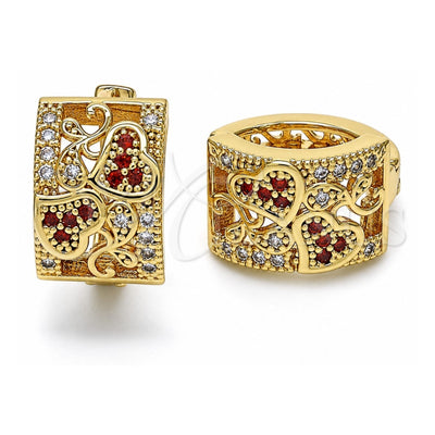 Oro Laminado Huggie Hoop, Gold Filled Style Heart Design, with Garnet and White Micro Pave, Polished, Golden Finish, 02.266.0039.1.20