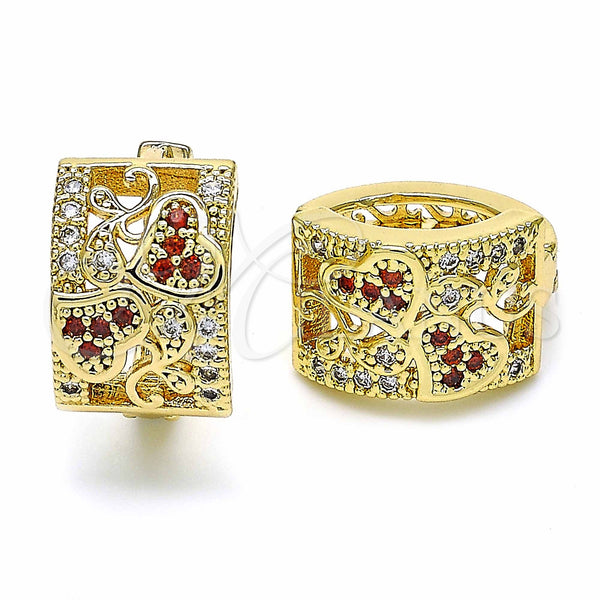 Gold Filled Hoop Earrings — Huggie Hoop Heart Design with Garnet and White — main product view — SKU 128883 | Oro Laminado aretes de aro — Huggie Hoop corazón diseño with Garnet and blanco — SKU 128883