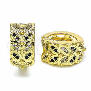Gold Filled Hoop Earrings — Huggie Hoop Leaf Design with Black and White — main product view — SKU 128885 | Oro Laminado aretes de aro — Huggie Hoop Leaf diseño with negro and blanco — SKU 128885