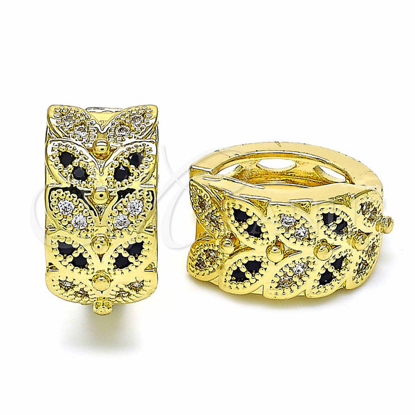 Gold Filled Hoop Earrings — Huggie Hoop Leaf Design with Black and White — main product view — SKU 128885 | Oro Laminado aretes de aro — Huggie Hoop Leaf diseño with negro and blanco — SKU 128885