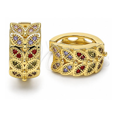 Oro Laminado Huggie Hoop, Gold Filled Style Leaf Design, with Multicolor Micro Pave, Polished, Golden Finish, 02.266.0040.2.20