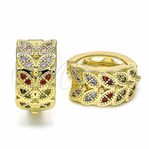 Gold Filled Hoop Earrings — Huggie Hoop Leaf Design with Multicolor Micro Pave — main product view — SKU 128886 | Oro Laminado aretes de aro — Huggie Hoop Leaf diseño with Multicolor Micro Pave — SKU 128886