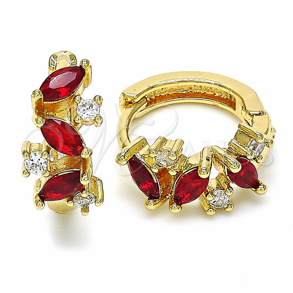 Gold Filled Hoop Earrings — Huggie Hoop with Garnet and White Cubic Zirconia — main product view — SKU 128890 | Oro Laminado aretes de aro — Huggie Hoop with Garnet and blanco Cubic Zirconia — SKU 128890