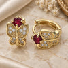 Oro Laminado Huggie Hoop, Gold Filled Style Butterfly Design, with Garnet Cubic Zirconia and White Micro Pave, Polished, Golden Finish, 02.266.0043.15