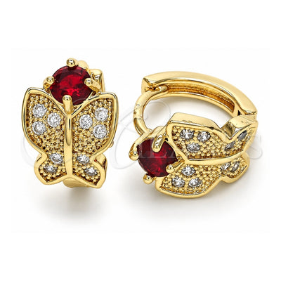 Oro Laminado Huggie Hoop, Gold Filled Style Butterfly Design, with Garnet Cubic Zirconia and White Micro Pave, Polished, Golden Finish, 02.266.0043.15