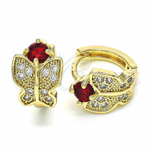 Gold Filled Hoop Earrings — Huggie Hoop Butterfly Design with Garnet Cubic Zirconia — main product view — SKU 128893 | Oro Laminado aretes de aro — Huggie Hoop Butterfly diseño with Garnet Cubic Zirconia — SKU 128893