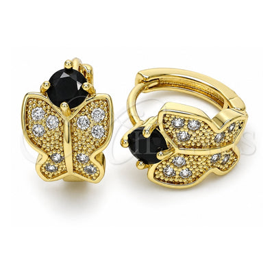 Oro Laminado Huggie Hoop, Gold Filled Style Butterfly Design, with Black Cubic Zirconia and White Micro Pave, Polished, Golden Finish, 02.266.0043.1.15