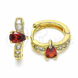 Gold Filled Hoop Earrings — Huggie Hoop Teardrop Design with Garnet and White — main product view — SKU 128895 | Oro Laminado aretes de aro — Huggie Hoop Teardrop diseño with Garnet and blanco — SKU 128895
