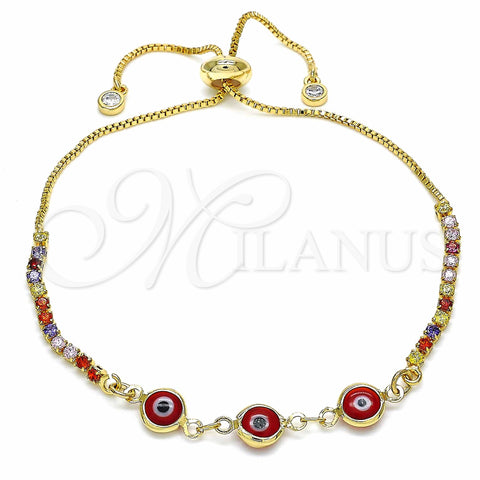 Oro Laminado Adjustable Bolo Bracelet, Gold Filled Style Evil Eye Design, with Multicolor Cubic Zirconia, Red Resin Finish, Golden Finish, 03.63.2084.11 (01 MM Thickness, 11 Inches Length)