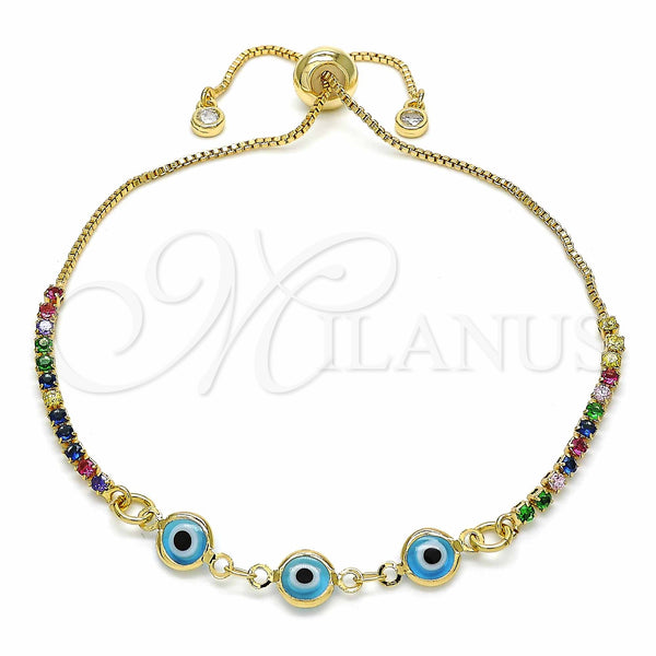 Gold Filled Bracelet — Adjustable Bolo Bracelet Evil Eye Design with Multicolor — main product view — SKU 128910 | Oro Laminado brazalete — Adjustable Bolo Bracelet Evil Eye diseño with Multicolor — SKU 128910