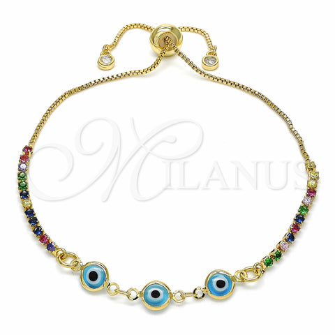 Oro Laminado Adjustable Bolo Bracelet, Gold Filled Style Evil Eye Design, with Multicolor Cubic Zirconia, Azul claro Resin Finish, Golden Finish, 03.63.2084.2.11 (01 MM Thickness, 11 Inches Length)