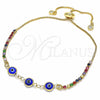 Oro Laminado Adjustable Bolo Bracelet, Gold Filled Style Evil Eye Design, with Multicolor Cubic Zirconia, Blue Resin Finish, Golden Finish, 03.63.2084.3.11 (01 MM Thickness, 11 Inches Length)