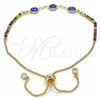 Oro Laminado Adjustable Bolo Bracelet, Gold Filled Style Evil Eye Design, with Multicolor Cubic Zirconia, Blue Resin Finish, Golden Finish, 03.63.2084.3.11 (01 MM Thickness, 11 Inches Length)