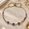 Oro Laminado Adjustable Bolo Bracelet, Gold Filled Style Evil Eye Design, with Multicolor Cubic Zirconia, Blue Resin Finish, Golden Finish, 03.63.2084.3.11 (01 MM Thickness, 11 Inches Length)
