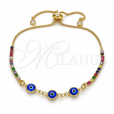 Oro Laminado Adjustable Bolo Bracelet, Gold Filled Style Evil Eye Design, with Multicolor Cubic Zirconia, Blue Resin Finish, Golden Finish, 03.63.2084.3.11 (01 MM Thickness, 11 Inches Length)