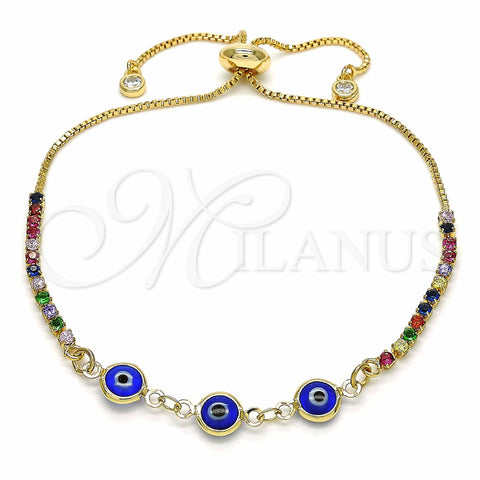 Oro Laminado Adjustable Bolo Bracelet, Gold Filled Style Evil Eye Design, with Multicolor Cubic Zirconia, Blue Resin Finish, Golden Finish, 03.63.2084.3.11 (01 MM Thickness, 11 Inches Length)