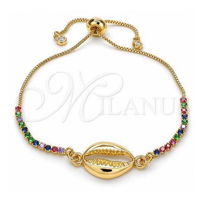 Oro Laminado Adjustable Bolo Bracelet, Gold Filled Style Shell Design, with Multicolor Cubic Zirconia, Polished, Golden Finish, 03.63.2085.11 (01 MM Thickness, 11 Inches Length)