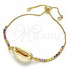 Oro Laminado Adjustable Bolo Bracelet, Gold Filled Style Shell Design, with Multicolor Cubic Zirconia, Polished, Golden Finish, 03.63.2086.11 (01 MM Thickness, 11 Inches Length)